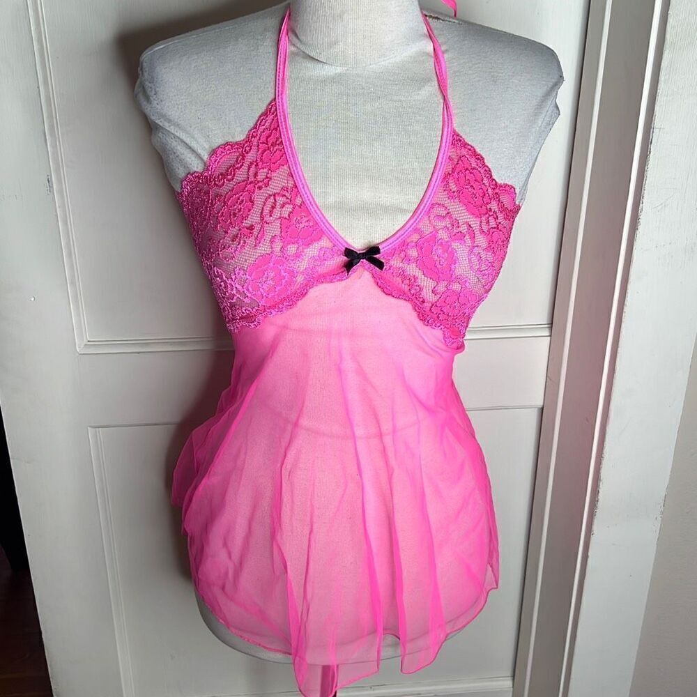 Dreamgirl Pink Lace Sheer Baby Doll with Heart Cut out G String New Size Small